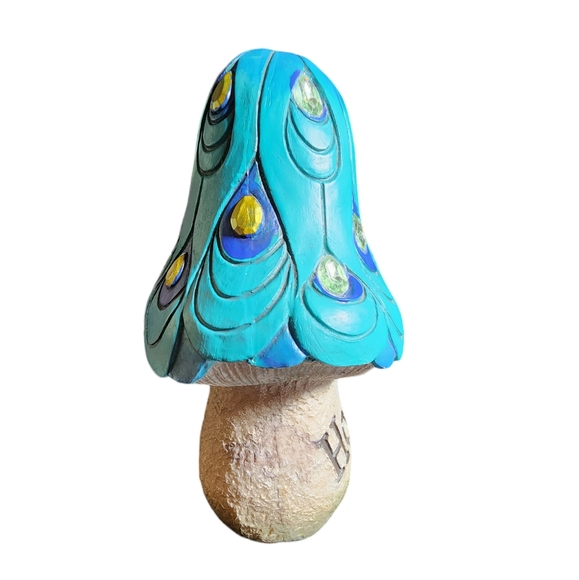 Jeweled "Hope" Turquoise Peacock Resin Mushroom Knickknack Decor 7.5"X5"X4" - Picture 4 of 11